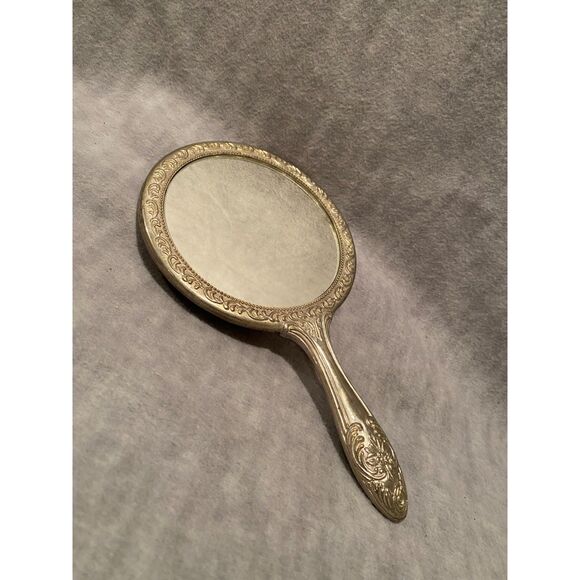 VTG‎ Vanity Hand Held Mirror Heavy Floral Design Ornate Silver - Picture 1 of 8